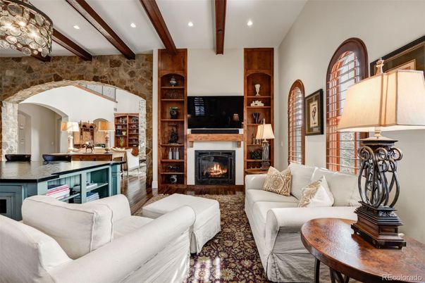 Fireplace, Interior, Living room, Recessed Lighting, Stone Walls, Wooden Beams, Wood Texture Flooring