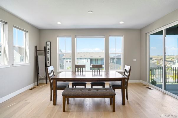 Dining room, Interior, Recessed Lighting, Wood Texture Flooring