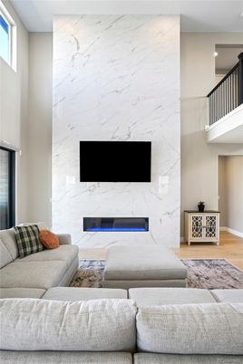 Fireplace, Interior, Living room, Marble Walls, Wood Texture Flooring