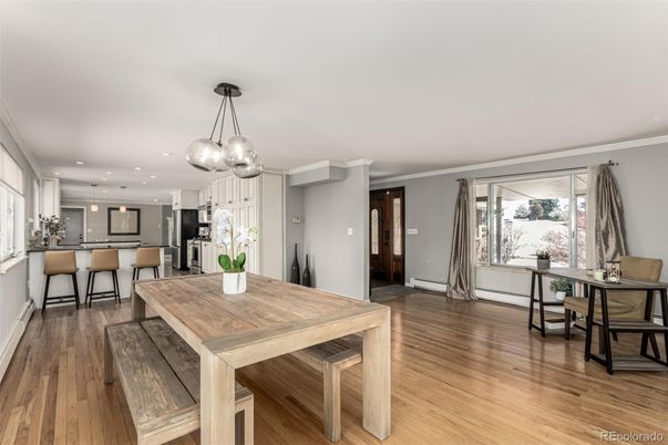 Dining room, Interior, Kitchen, Pendant Lights, Recessed Lighting, Stainless Steel Appliances, Wood Texture Flooring