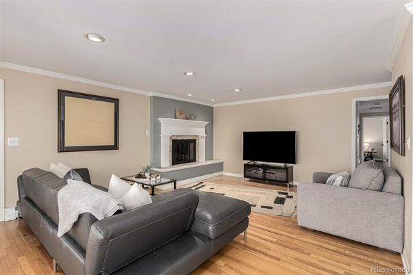 Fireplace, Interior, Living room, Recessed Lighting, Wood Texture Flooring