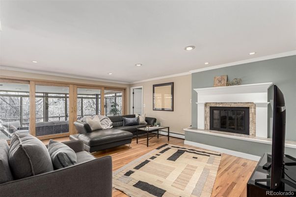 Fireplace, Interior, Living room, Recessed Lighting, Wood Texture Flooring