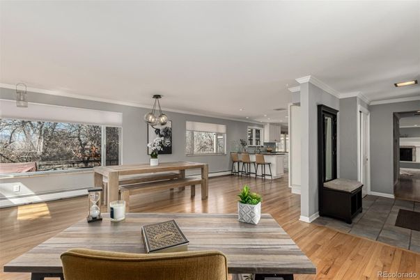 Dining room, Interior, Kitchen, Pendant Lights, Recessed Lighting, Wood Texture Flooring