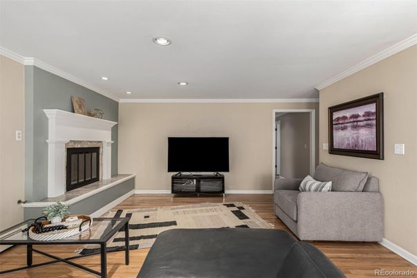 Fireplace, Interior, Living room, Recessed Lighting, Wood Texture Flooring