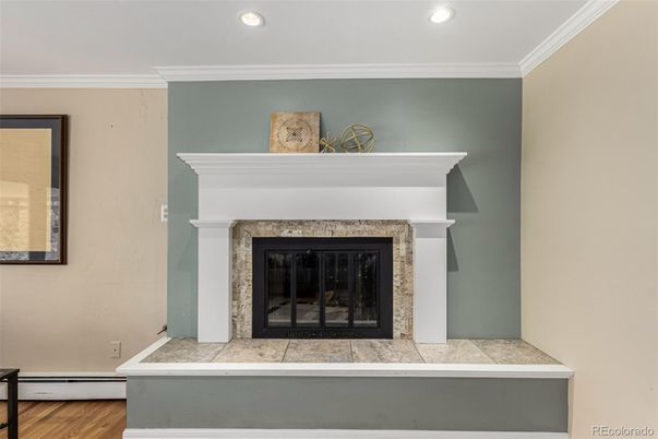 Fireplace, Interior, Recessed Lighting, Wood Texture Flooring