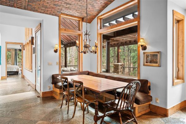 Chandelier, Dining room, Interior, Pendant Lights, Stone Walls
