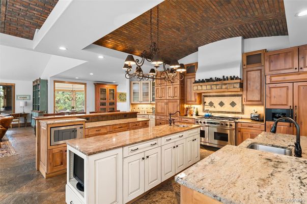 Chandelier, Interior, Kitchen, Recessed Lighting, Stainless Steel Appliances, Wooden Ceilings