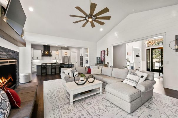 Fireplace, Interior, Kitchen, Living room, Pendant Lights, Recessed Lighting, Wood Texture Flooring