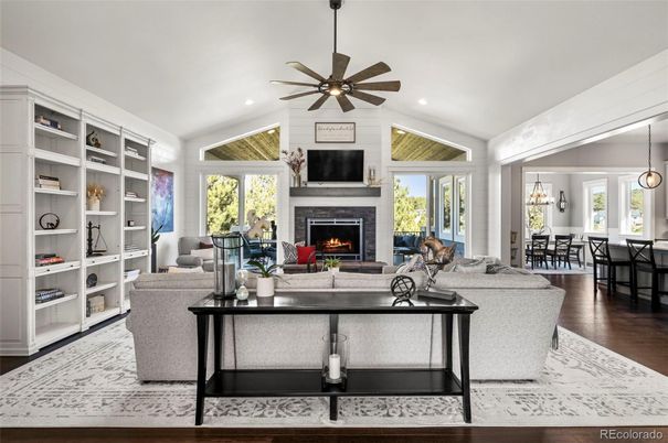 Dining room, Fireplace, Interior, Living room, Pendant Lights, Recessed Lighting, Wood Texture Flooring