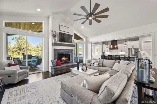 Fireplace, Interior, Kitchen, Living room, Pendant Lights, Recessed Lighting, Wood Texture Flooring