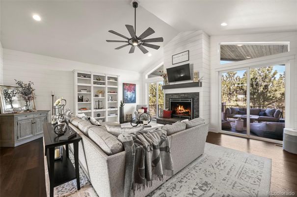 Fireplace, Interior, Living room, Recessed Lighting, Wood Texture Flooring