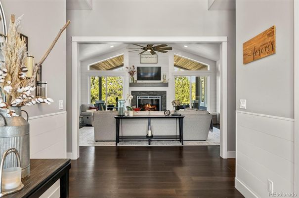 Fireplace, Interior, Living room, Recessed Lighting, Wood Texture Flooring