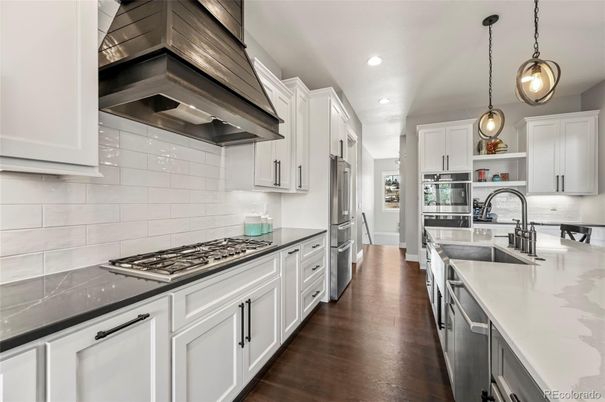 Interior, Kitchen, Pendant Lights, Recessed Lighting, Stainless Steel Appliances, Wood Texture Flooring