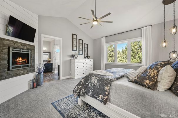 Bedroom, Fireplace, Interior, Pendant Lights, Wood Texture Flooring
