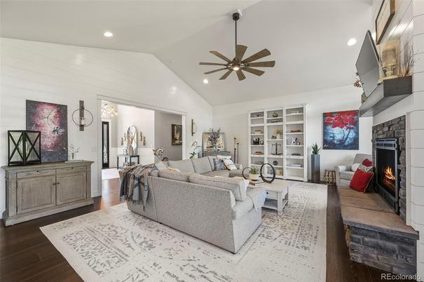 Fireplace, Interior, Living room, Recessed Lighting, Wood Texture Flooring