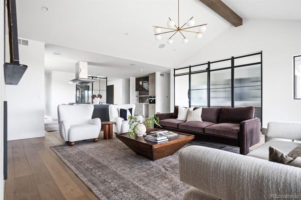 Interior, Kitchen, Living room, Pendant Lights, Recessed Lighting, Wooden Beams, Wood Texture Flooring
