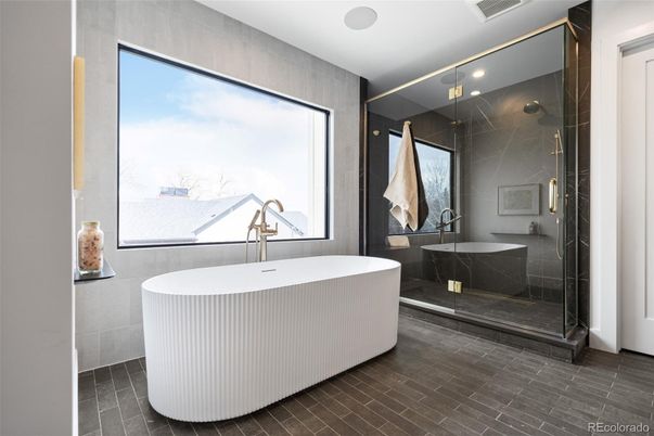 Bathroom, Free Standing Baths, Glass Shower, Interior, Marble Walls