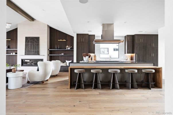 Fireplace, Interior, Kitchen, Living room, Recessed Lighting, Wooden Beams, Wood Texture Flooring