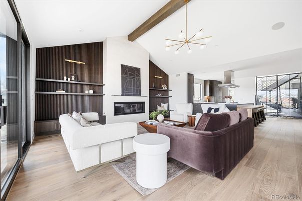 Fireplace, Interior, Kitchen, Living room, Pendant Lights, Recessed Lighting, Wooden Beams, Wood Texture Flooring