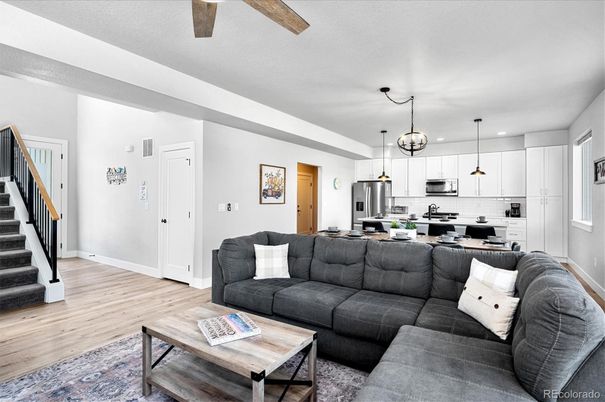 Interior, Kitchen, Living room, Pendant Lights, Recessed Lighting, Stainless Steel Appliances, Wood Texture Flooring