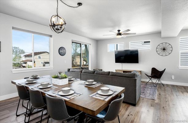 Dining room, Interior, Living room, Pendant Lights, Wood Texture Flooring