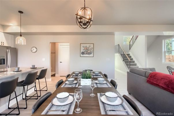 Dining room, Interior, Kitchen, Pendant Lights, Stainless Steel Appliances, Wood Texture Flooring