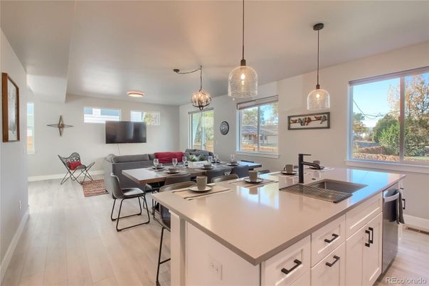 Dining room, Interior, Kitchen, Living room, Pendant Lights, Wood Texture Flooring