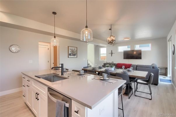 Dining room, Interior, Kitchen, Pendant Lights, Wood Texture Flooring