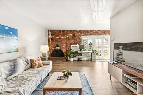 Fireplace, Home Office, Interior, Living room, Stone Walls, Wood Texture Flooring