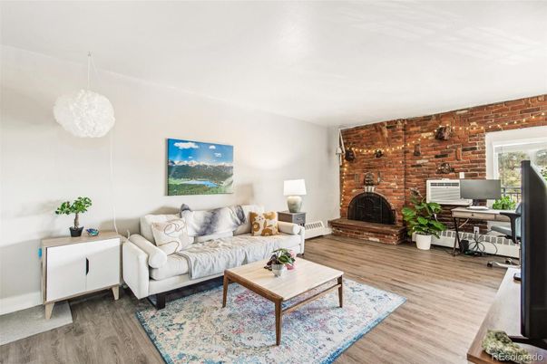 Fireplace, Home Office, Interior, Living room, Pendant Lights, Stone Walls, Wood Texture Flooring