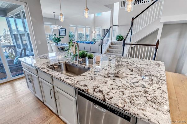 Dining room, Interior, Kitchen, Pendant Lights, Stainless Steel Appliances, Wood Texture Flooring