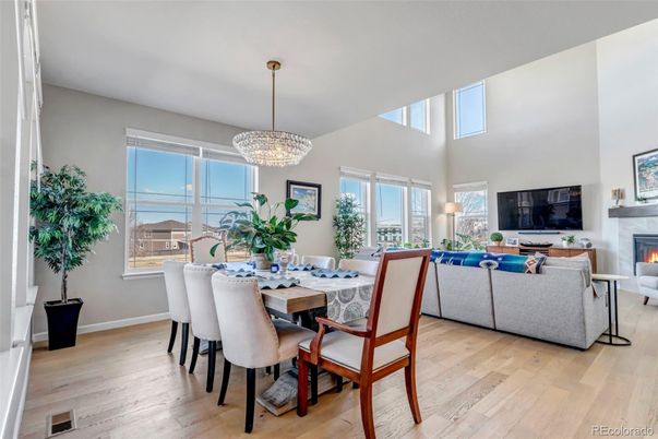 Chandelier, Dining room, Fireplace, Interior, Living room, Pendant Lights, Wood Texture Flooring