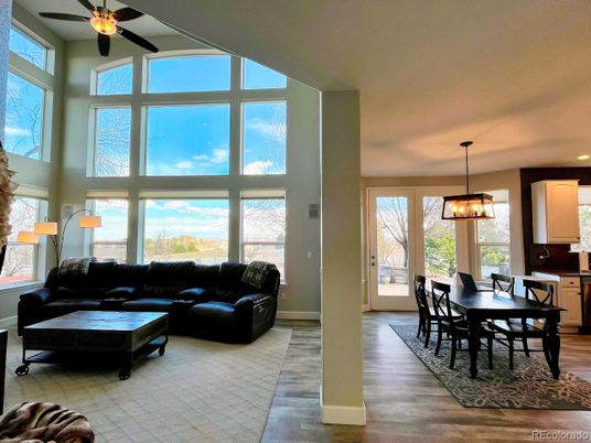 Dining room, Interior, Living room, Pendant Lights, Wood Texture Flooring