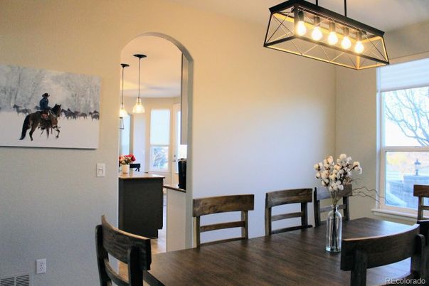 Dining room, Interior, Pendant Lights, Wood Texture Flooring