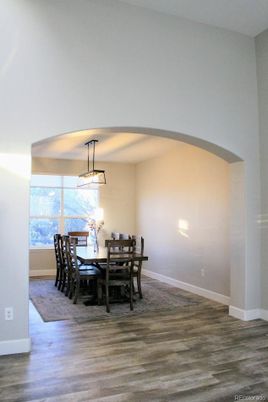 Dining room, Interior, Pendant Lights, Wood Texture Flooring