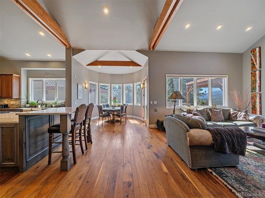 Dining room, Interior, Kitchen, Living room, Recessed Lighting, Wood Texture Flooring