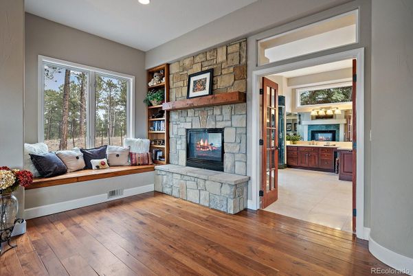 Fireplace, Interior, Recessed Lighting, Stone Walls, Wood Texture Flooring
