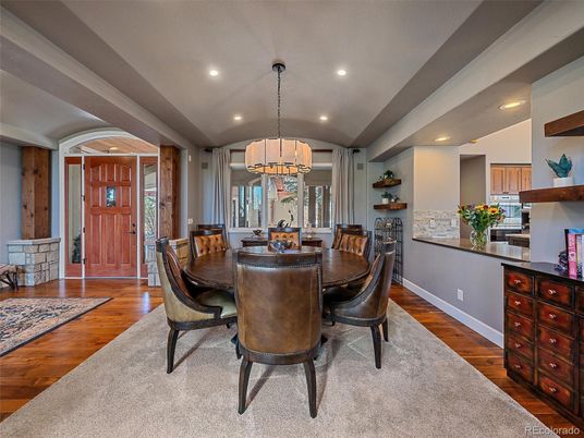 Chandelier, Dining room, Interior, Recessed Lighting, Wood Texture Flooring