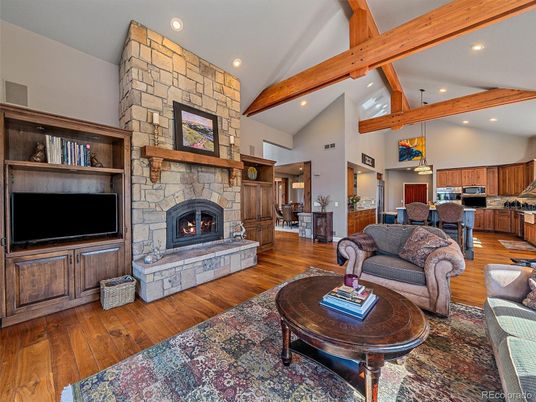 Dining room, Fireplace, Interior, Kitchen, Living room, Pendant Lights, Recessed Lighting, Stone Walls, Wooden Beams, Wood Texture Flooring