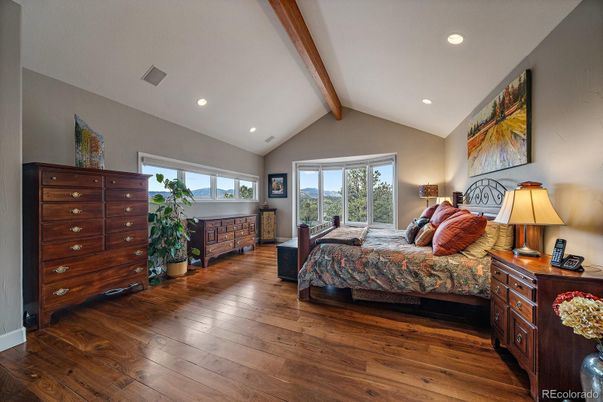 Bedroom, Interior, Recessed Lighting, Wooden Beams, Wood Texture Flooring