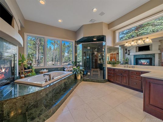 Bathroom, Fireplace, Glass Shower, Interior, Recessed Lighting