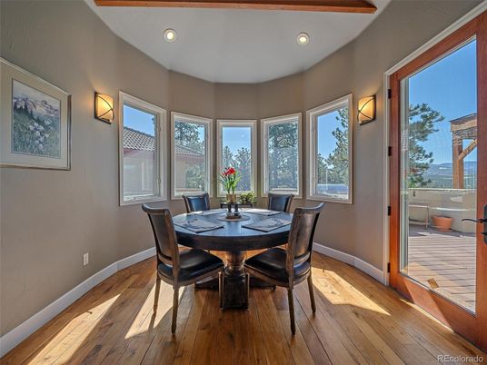 Dining room, Interior, Recessed Lighting, Wood Texture Flooring