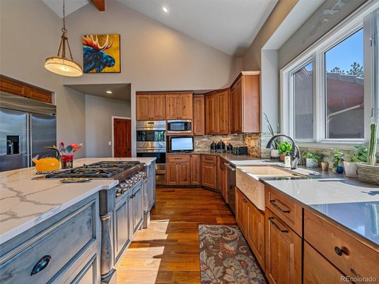 Interior, Kitchen, Pendant Lights, Recessed Lighting, Stainless Steel Appliances, Wood Texture Flooring