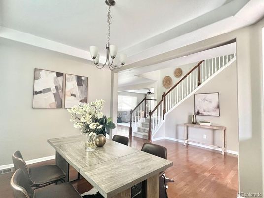 Dining room, Interior, Pendant Lights, Wood Texture Flooring