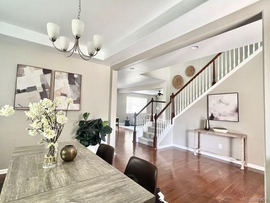 Chandelier, Dining room, Interior, Pendant Lights, Recessed Lighting, Wood Texture Flooring