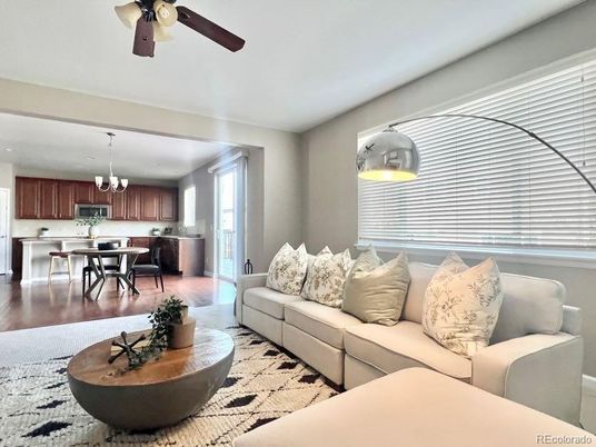 Chandelier, Dining room, Interior, Kitchen, Living room, Stainless Steel Appliances, Wood Texture Flooring