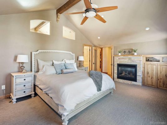 Bedroom, Fireplace, Interior, Recessed Lighting, Wooden Beams