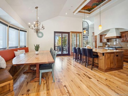 Chandelier, Dining room, Interior, Kitchen, Pendant Lights, Recessed Lighting, Wood Texture Flooring