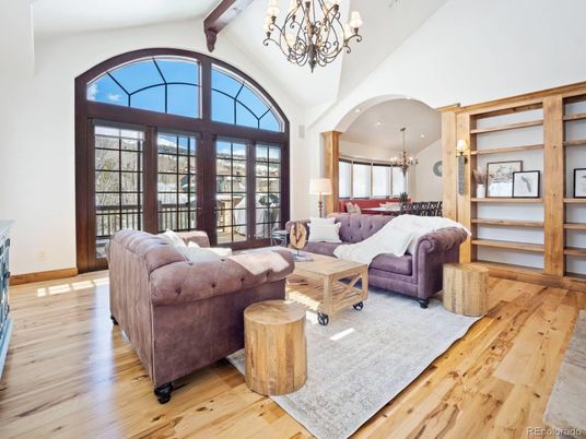 Chandelier, Interior, Living room, Wooden Beams, Wood Texture Flooring