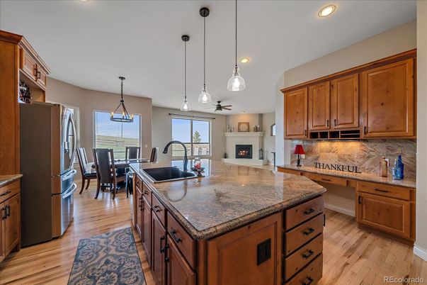 Dining room, Fireplace, Interior, Kitchen, Pendant Lights, Recessed Lighting, Wood Texture Flooring